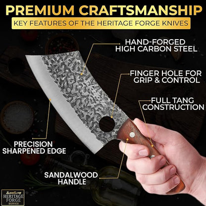 SliceElite Heritage Forge 3 Piece Butcher Knife Set Serbian Chef Meat Cleaver Viking Knife High Carbon Stainless Steel Full Tang Sandalwood Handle BBQ Grilling Camping Cooking Gift Set For Men & Women
