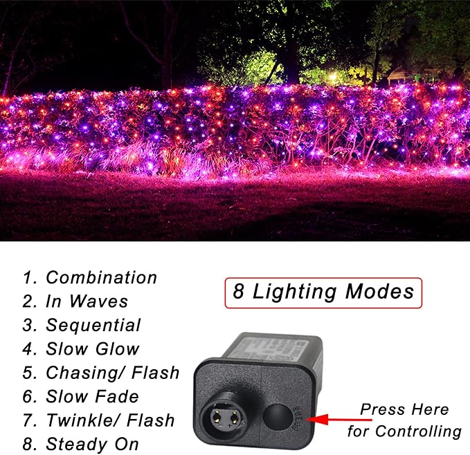 Pooqla Orange and Purple Halloween Net Lights Outdoor, 21x 5ft Green Wire | 360 LED Large Net Mesh Lights Plug in, 8 Modes Waterproof Connectable Bushes Lights for Halloween Hedge Yard Decor