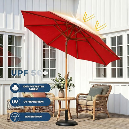 9ft Outdoor Patio Umbrella, Market Table Umbrella with Crank and Easy Push Button Tilt, Wood Grain Frame, UPF 50+ for Pool, Garden, Deck, Backyard