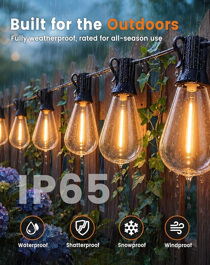 60FT(50+10) Outdoor LED String Lights with 2FT Bulb Spacing, Waterproof, Shatterproof, Dimmable, Warm White, 3 Lighting Modes, Timer, Plug in Hanging Backyard Lights for Outside, Patio