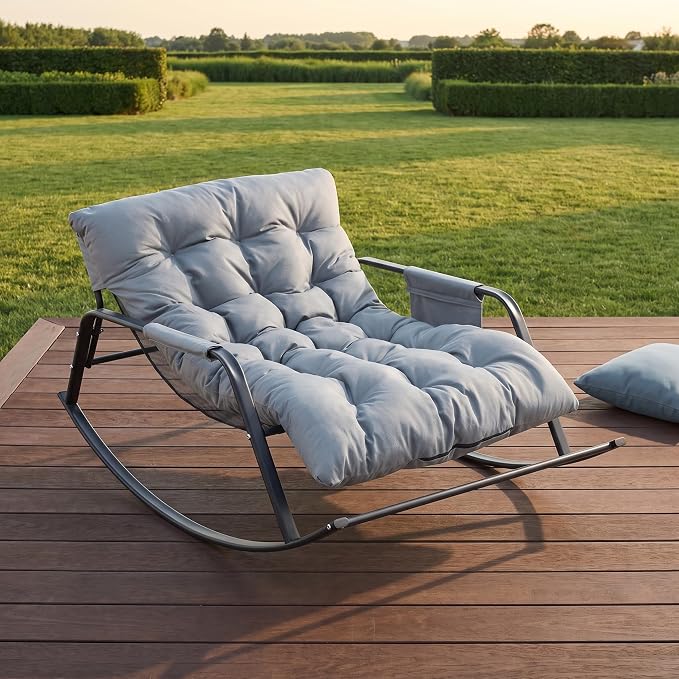 Rocking Papasan Chair, Leather Upholstered Lounge Chair, Gray | Extra-Wide Rocking Chair with Technical Leather Upholstery, Sturdy Frame and Smooth Glide for Indoor / Outdoor Scenes