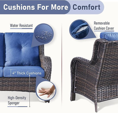 Outdoor Loveseat Sofa - 3 Piece Patio Furniture with Ottoman Deep Seating Patio Couch for Porch Deck Garden Backyard - Brown/Blue
