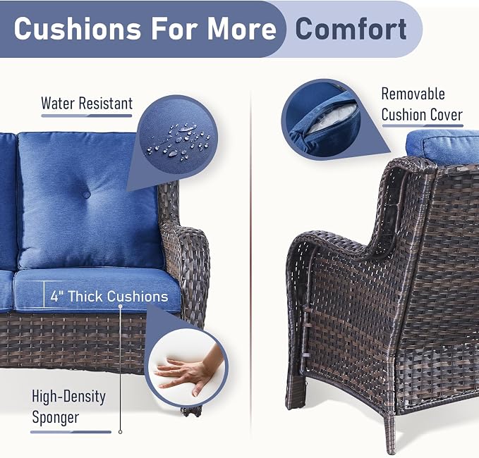 Outdoor Loveseat Sofa-2 Seater Rattan Wicker Patio Couch High Back Patio Sofa for Porch Deck Backyard-Brown/Blue