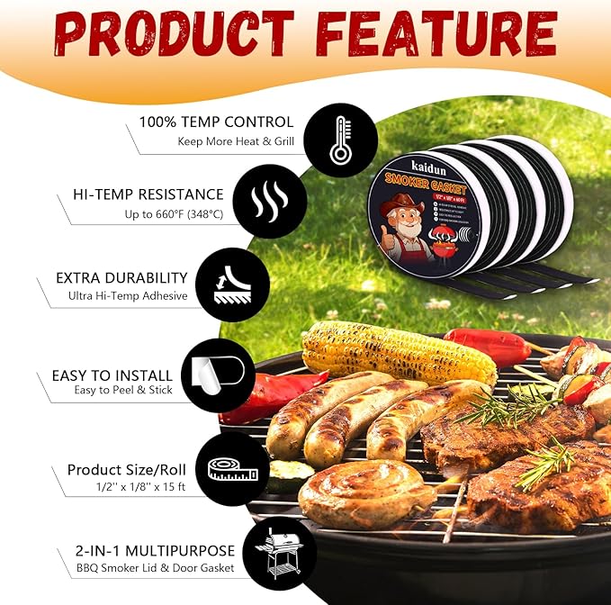 kaidun BBQ Smoker Seal Gasket, 4 Pack x 15 Ft, 1/2" x 1/8", High Heat Grill Gasket, Easy to Peel, Black