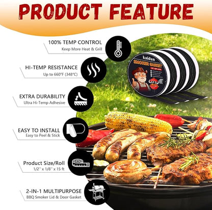 kaidun BBQ Smoker Seal Gasket, 4 Pack x 15 Ft, 1/2" x 1/8", High Heat Grill Gasket, Easy to Peel, Black