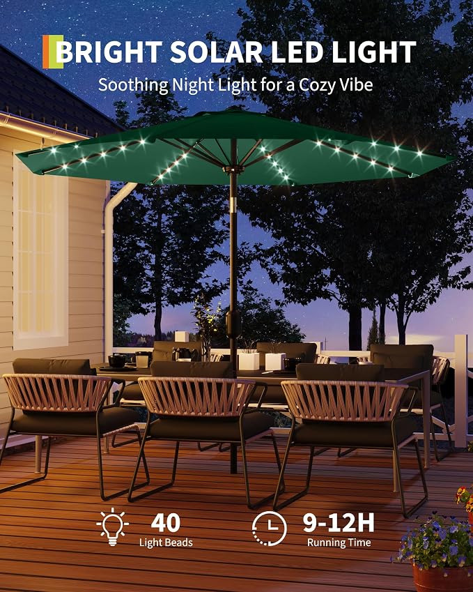 GarveeLife 10 ft Patio Umbrella with Solar Lights, 8 Ribs Outdoor Market Table Umbrella with 40 LED Lights & Tilt Crank for Pool, Deck, Backyard (Dark Green)