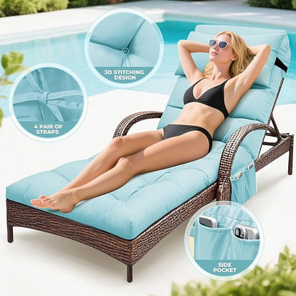Outdoor Chaise Lounge Chair Cushion, Waterproof Outdoor Chair Cushions for Patio Furniture, 71 x 21 x 4 Inches Replacement Chaise Lounge Cushion with Ties (Teal)