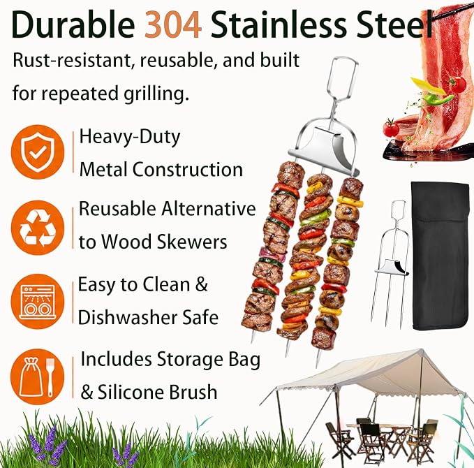 3 Prong BBQ Skewers for Grilling, 14.7 Inch Stainless Steel Kabob Skewers with Push Slider Bar, Reusable Metal Grill Skewers for Meat,Vegetables, Outdoor Barbecue Accessories (2 Fork + 1 Bag+1 Brush)