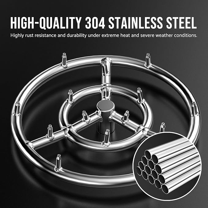 Skyflame 12-Inch Round Stainless Steel Fire Pit Jet Burner Ring | High Flame, 304 Stainless Steel, 90000 BTU, Flame Jet Nozzles, for Natural Gas, Liquid Propane