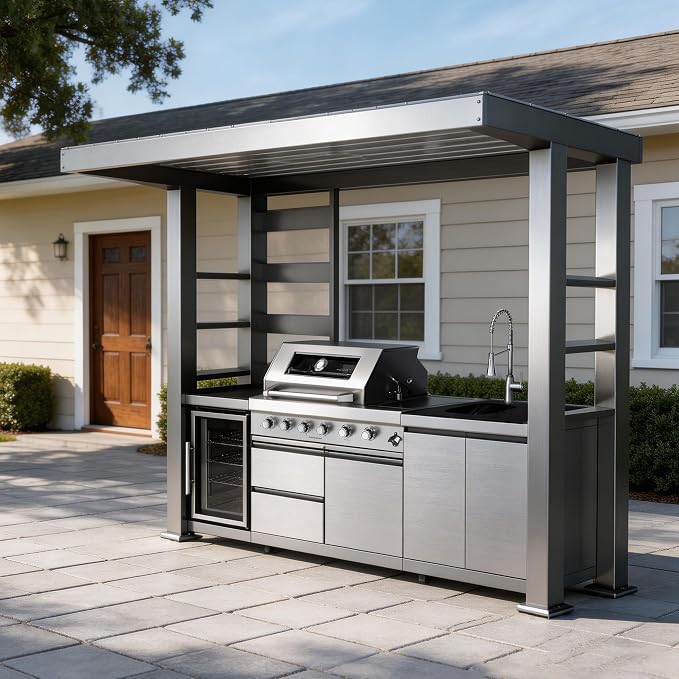 110-Inch 4-Burner 72000 BTU Propane Gas Grill Island with Shed, 304 Stainless Steel Silver, Outdoor Kitchen with Wine Cooler, Rotisserie, Granite Countertops & Sink for Backyard BBQ, Silver