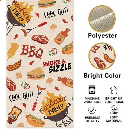 Barbecue Dining Table Runner, Summer BBQ Grill Tools Hot Dog Steak Sauce Burlap Kitchen Decoration, Cook Out Smoke Sizzle Indoor Outdoor Home Decor Party Supply 13 x 72 Inches