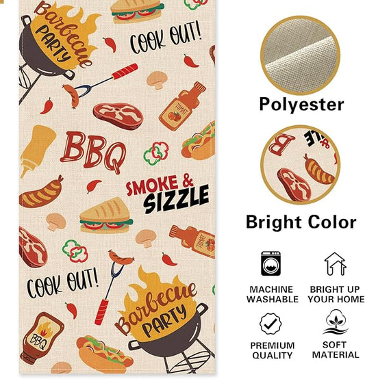 Barbecue Dining Table Runner, Summer BBQ Grill Tools Hot Dog Steak Sauce Burlap Kitchen Decoration, Cook Out Smoke Sizzle Indoor Outdoor Home Decor Party Supply 13 x 72 Inches
