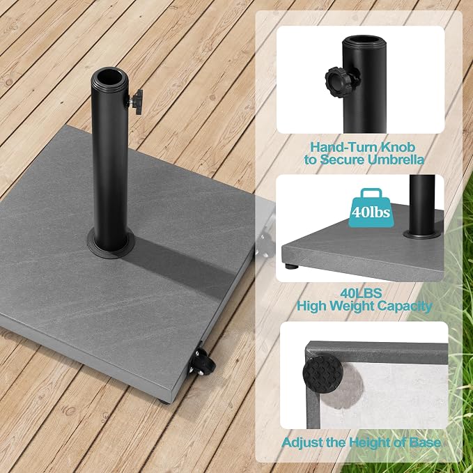 Patio Umbrella Base with Wheels, 43lbs Outdoor Umbrella Stand | With 2 Wheels, Square Heavy Duty Base, Suitable for 6-12FT Most Market Umbrella, for Deck, Lawn, Poolside