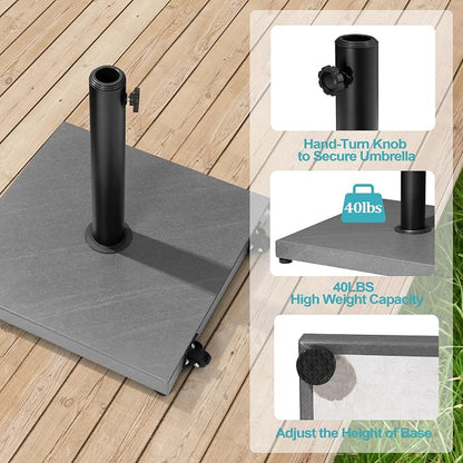 Patio Umbrella Base with Wheels, 43lbs Outdoor Umbrella Stand | With 2 Wheels, Square Heavy Duty Base, Suitable for 6-12FT Most Market Umbrella, for Deck, Lawn, Poolside