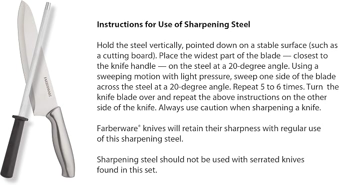 Farberware 15-Piece Knife Block Set, High Carbon Stainless Steel Kitchen Knife Set with Graphite Block, Chef Knife, Bread Knife, Santoku, Steak Knives, and Sharpening Steel