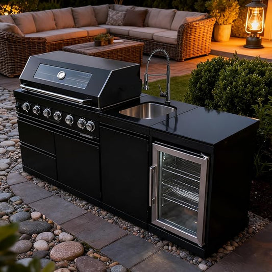 82-Inch 6-Burner Propane Gas Outdoor Grill Island, 85000 BTU 304 Stainless Steel BBQ, Wine Cooler, Sink, Black Granite Countertops, Almost Fully Assembled for Patio Backyard BBQ, Black
