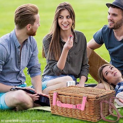 Wicker Picnic Basket Set for 4, Blanket, Cooler Bag, Pink Floral | Four-Person Wicker Set Includes Tableware, Insulated Food Storage and Waterproof Blanket for Parks, Camping, Dates and Gifts
