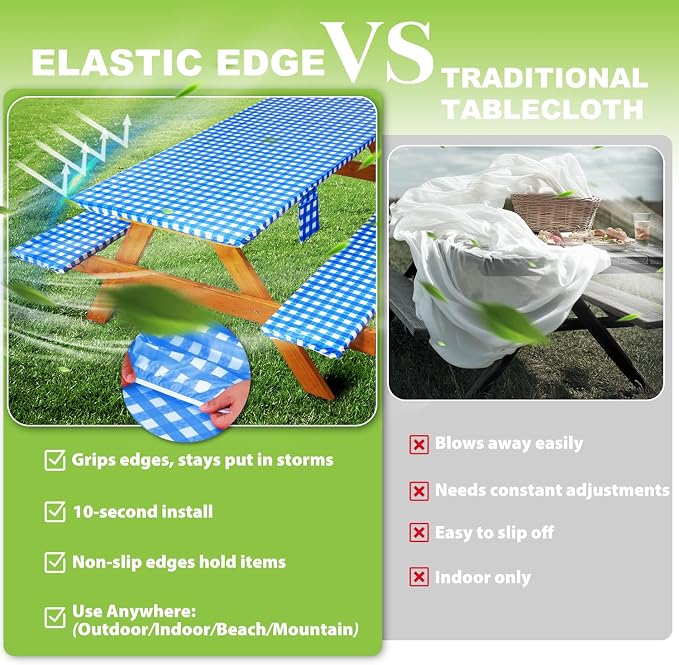 Fitted Picnic Table Cover with Bench Covers Waterproof Elastic Edges Rectangle Patio Tablecloth Outdoor Camping Essentials Stuff Rv Accessories Summer Trip Travel Supplies Party Camper Gifts, 8 ft