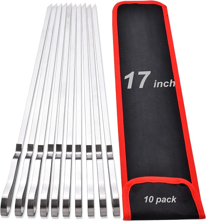 17 Inch Long Stainless Steel Skewers for Kabobs,HONSHEN Flat Shish Kabob Barbecue Skewers with Nylon Storage Bag - Metal BBQ Skewers for Grilling Meat, Chicken, Shrimp, Vegetables - 10 Pack