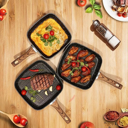 NEWBULIG 3-Piece Nonstick Grill Pan Set, Square Griddle Pans with Wooden Handles, Induction Cooktop Compatible, Nonstick Cookware for Steak, BBQ, Vegetables, Black, 9.5, 10.2, 11 Inch