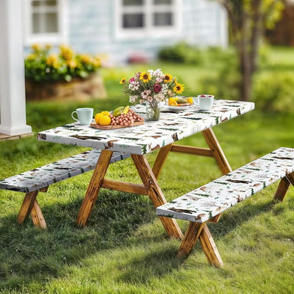Picnic Table Cover with Bench Covers, Camping Essentials, Funny Rustic Woodland Animals Dear Beer Fox Table Cover Waterproof Fitted Tablecloth Cover with Elastic Edge for Outdoor 3 PCS 30x72 Inch