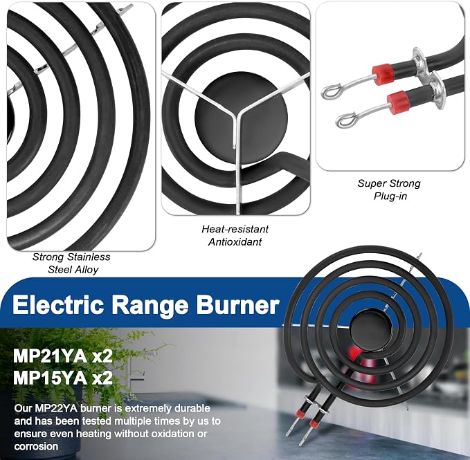 W10290350 W10290353 Black Porcelain Drip Pans and MP22YA Electric Stove Burner Element Set Replacement for Amana Whirlpool Electric Stove, Replace W10288051 Drip Pans by Fetechmate