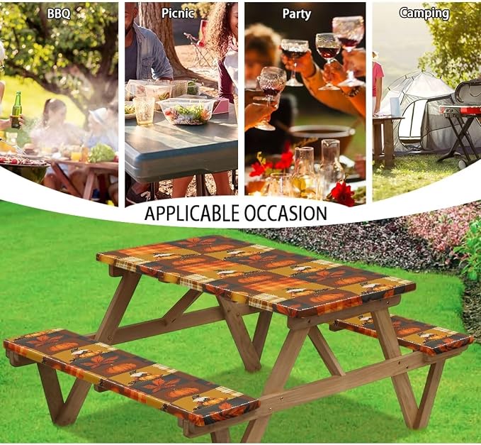Elastic Fitted Table Cloth for Camping Party Fall Print Picnic Table Cover with Bench Covers 3 PCS for Outdoors