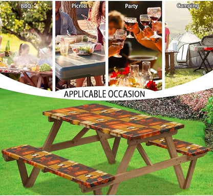 Elastic Fitted Table Cloth for Camping Party Fall Print Picnic Table Cover with Bench Covers 3 PCS for Outdoors
