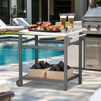 TORVA Outdoor Prep Grill Carts, 303 Stainless Steel Tabletop with High Load Capacity Portable BBQ Table, HDPE Durable Frame 2-Tier Storage Cart, Grey
