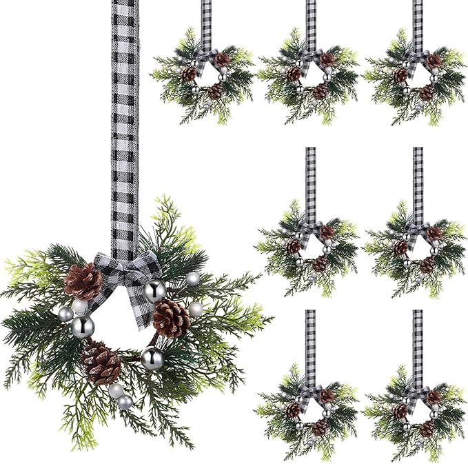 Zeyune 8 Pcs Christmas Kitchen Cabinet Wreaths with Plaid Bow 14.96 x 7.87 Inch Hanging Christmas Cabinet Doors Wreaths Decorative for Kitchen Window Outdoor Indoor Xmas Holiday Decor