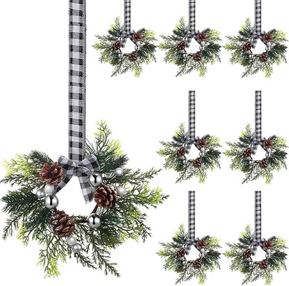 Zeyune 8 Pcs Christmas Kitchen Cabinet Wreaths with Plaid Bow 14.96 x 7.87 Inch Hanging Christmas Cabinet Doors Wreaths Decorative for Kitchen Window Outdoor Indoor Xmas Holiday Decor