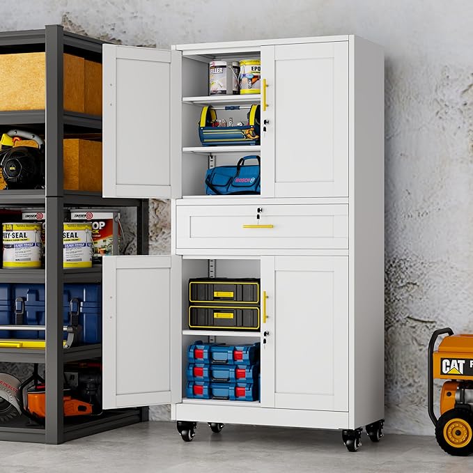 winiowa 71" Tall Metal Garage Storage Cabinet with Wheels and Locking Doors, Locking Rolling Tool Cabinet with Drawer and 3 Adjustable Shelves for Garage,Home,Office (White)
