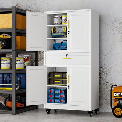winiowa 71" Tall Metal Garage Storage Cabinet with Wheels and Locking Doors, Locking Rolling Tool Cabinet with Drawer and 3 Adjustable Shelves for Garage,Home,Office (White)