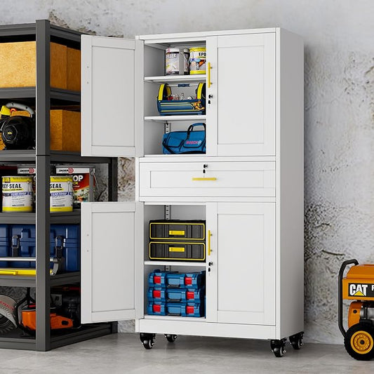 Ckzbx Metal Garage Storage Cabinet with Locking Drawers and Adjustable Shelves,71" H Steel File Cabinet with Wheels for Garage,Office (White)