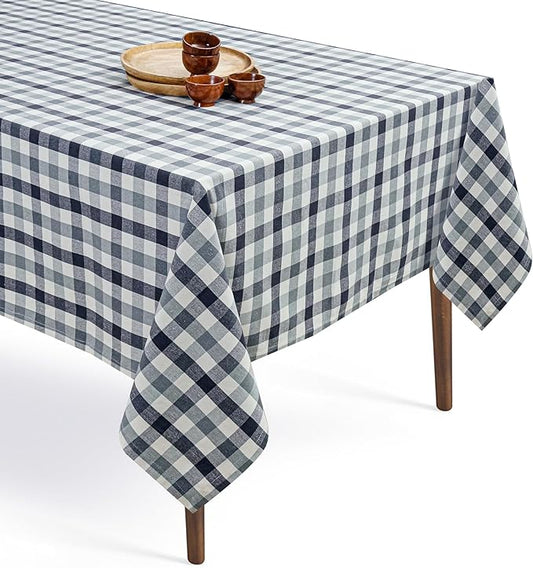 Light and Dark Grey with Natural Plaid Gingham Check Tablecloth, 60x84 Inches, 100% Cotton, Washable, Reusable Farmhouse Table Linen for Holiday, Weddings, Everyday Dining Table Cover