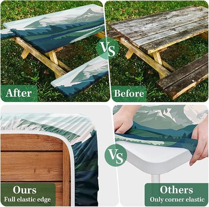 Picnic Table Cover with Bench Covers, Mountain, 3PCS, 72 Inch | 3 Piece full elastic edge camping tablecloth waterproof wipeable RV outdoor patio park essentials with drawstring bag