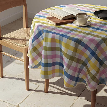 Easter Waterproof Polyester Tablecloth, Pastel Checkered Fabric Table Cover for Spring Party, Kitchen Dining Decor, Easy Care Cloth Tablecloth for Indoor Outdoor Use, 60" Round