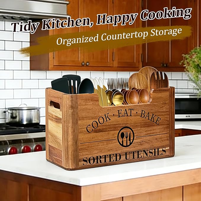 Upgraded Acacia Wood Kitchen Utensil Holder, Warm Aesthetic 3 DIY Storage Modes, Rustic Extra Large Utensil Holder for Countertop, Farmhouse Decor & Island