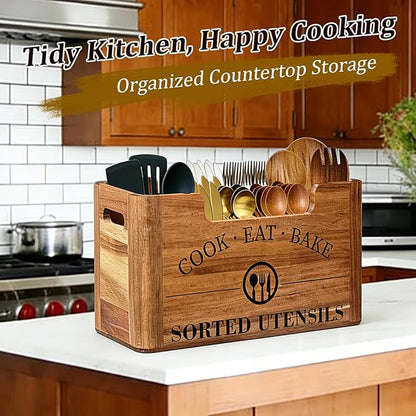 Upgraded Acacia Wood Kitchen Utensil Holder, Warm Aesthetic 3 DIY Storage Modes, Rustic Extra Large Utensil Holder for Countertop, Farmhouse Decor & Island