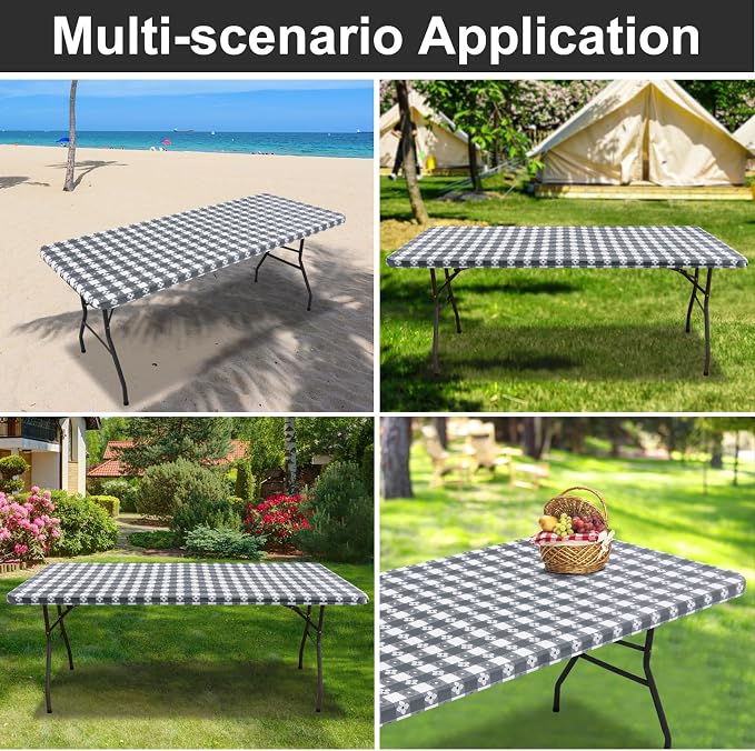 Rectangle Picnic Table Cloth, Waterproof Elastic Fitted Table Covers for 6 Foot Tables, Flannel Backed Plastic Vinyl Tablecloths for Camping, Dining and Indoor (Black & White+Grey & White)