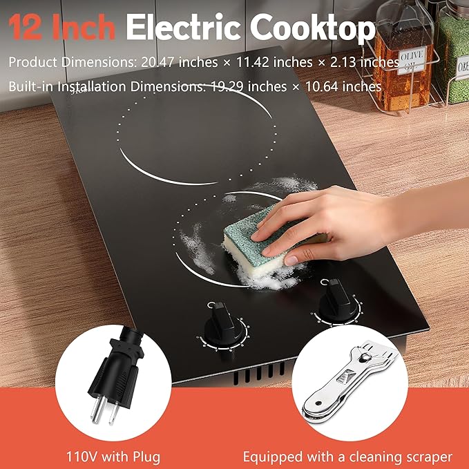 Hobsir 2 Burner Electric Cooktop 110v, Plug in Electric Stove Top, 2000W Electrical Stove Top Burner, 12 Inch Countertop & Built-in Ceramic Cooktop, Knob Control, 9 Power Level