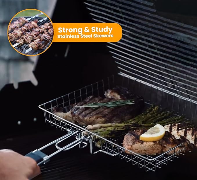 UPGRILLZ Fish Grill Baskets for Outdoor Grill Vegetables, Fish Grilling rack for Grill, BBQ Grilling Basket, Stainless steel Grill Basket for Veggies, shrimp Includes 5 Steel Skewers, Silicon Brush, and Carry Bag