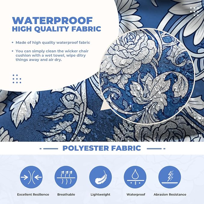DANGHOOGY Wicker Chair Cushions, Waterproof Outdoor Loveseat Cushions for Patio Furniture, Tufted Wicker Furniture Cushions, 1 Loveseat and 2 U-Shaped Cushions (Blue Rose)