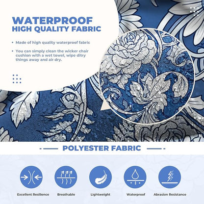 DANGHOOGY Wicker Chair Cushions, Waterproof Outdoor Loveseat Cushions for Patio Furniture, Tufted Wicker Furniture Cushions, 1 Loveseat and 2 U-Shaped Cushions (Blue Rose)