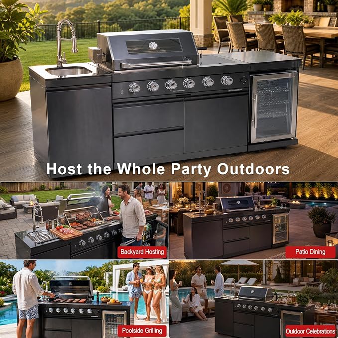 Outdoor Kitchen Island Grill with Refrigerator & Rotisserie, Heavy-Duty Stainless Steel Freestanding Grill Station, Weather-Resistant Cooking Cabinet for Backyard & Summer Parties for Propane Gas