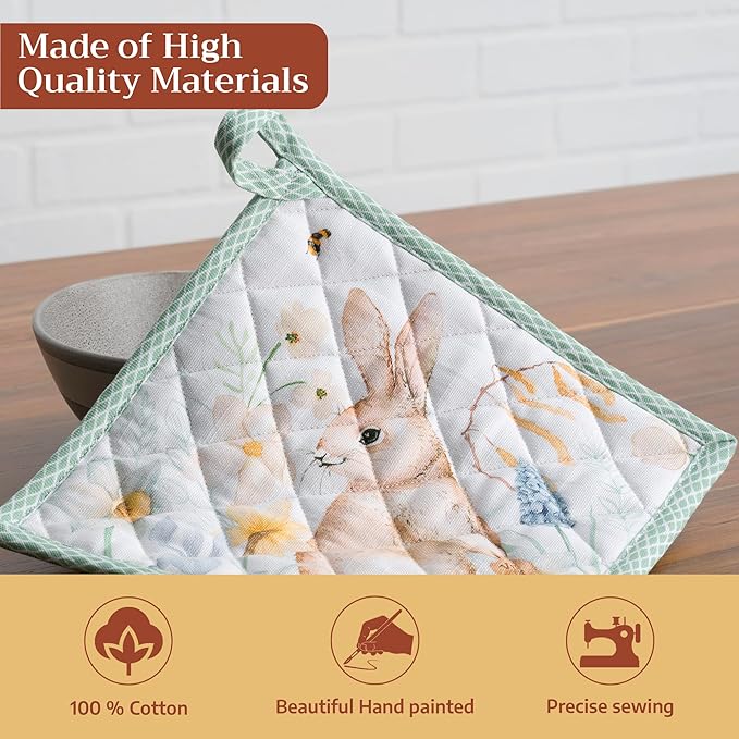 Maison d' Hermine Pot Holders 100% Cotton Heat Resistant Potholders 8" x 8" Hot Pads with Loop BBQ Cooking Baking Hotel Farmhouse Kitchen Handling Hot Pans Spring Summer (Pack of 1, Easter Dew)