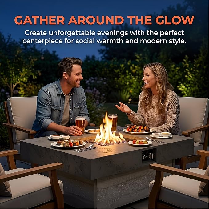 48 Inch Propane Fire Pit Table with Adjustable Height – 50,000 BTU Outdoor Gas Firepit for Patio Deck, 2 Height Levels, Electronic Ignition & Modern Glass Bead Flames for Outdoor Dining