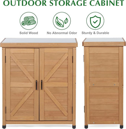 Outdoor Storage Cabinet & Potting Bench Table with Metal Top, Wooden Patio Furniture, Garden Workstation (Light Brwon, 36x31x17in)