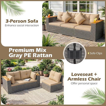 Tangkula 86.5" Large 3-Seat Patio Wicker Sofa, 3 Pieces PE Rattan Sectional Furniture Set with Cup Holder & Wood Armrest, Outdoor Couch Set with Armless & 2 Corner Sofas for Garden, Yard, Porch, Brown