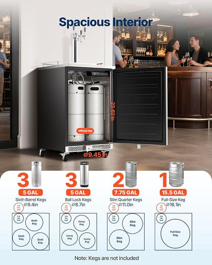 VEVOR Beer Kegerator, Triple Tap Commercial Draft Beer Dispenser for D system, Full Size Keg Refrigerator with 5lbs CO2 Tank, Hold 3 Sixth/2 Slim/3 Ball lock keg (3 taps - D system - stainless steel)